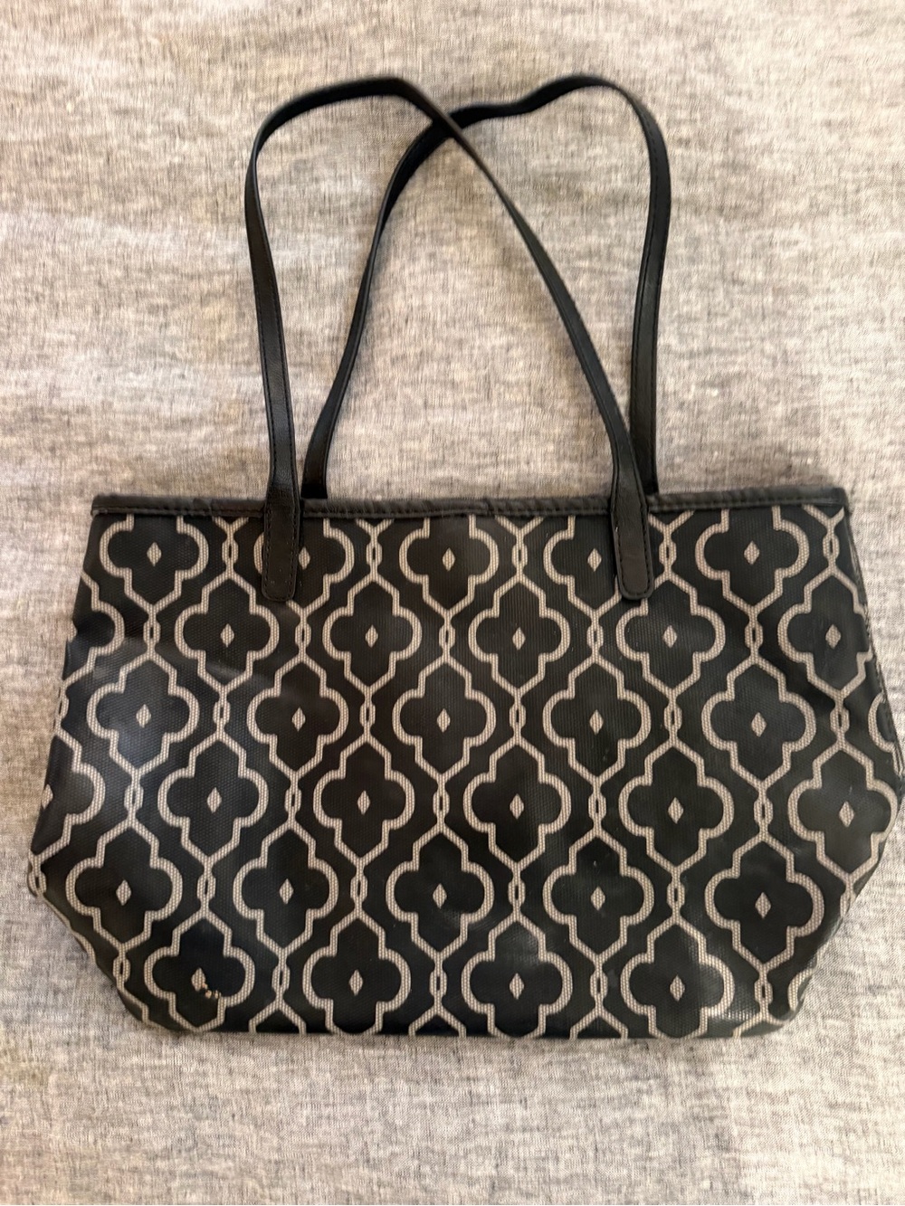 Lands' End Coated Canvas Print Large Shopper Tote Bag Geometric Charcoal Gray
